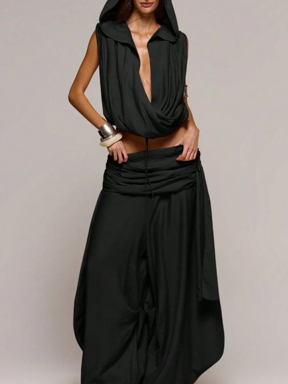 Black Casual Women's Low Rise Textured Drape Wide-Leg Trousers